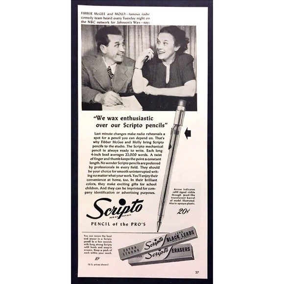 1947 Fibber McGee & Molly photo Scripto Mechanical Pencil vintage print ad - Picture 1 of 1